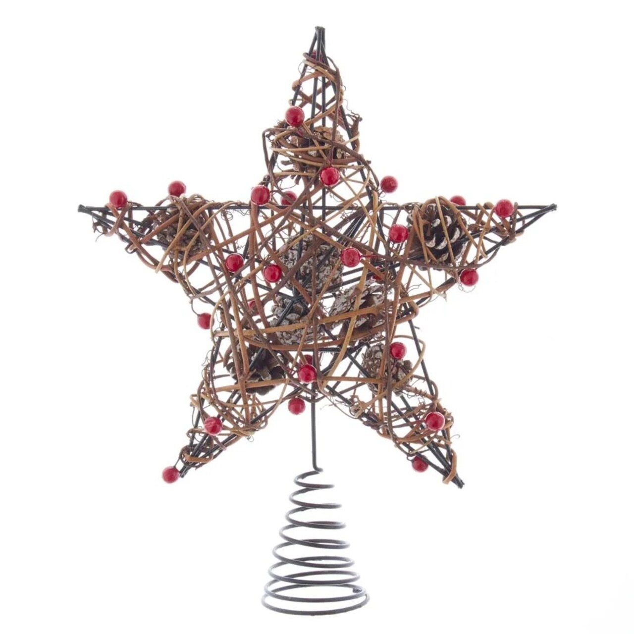KSA 20" Red and Brown Star with Berries and Pinecone Christmas Tree Topper, Unlit